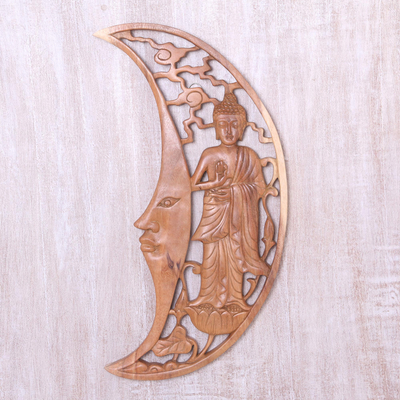 Wood relief panel, 'Buddha Moon' - Buddha in Crescent Moon Hand Carved Wood Relief Panel
