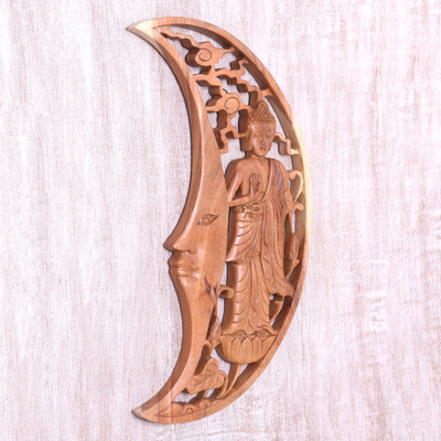 Wood relief panel, 'Buddha Moon' - Buddha in Crescent Moon Hand Carved Wood Relief Panel