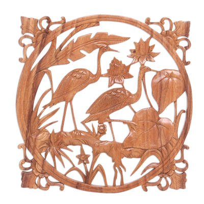 Wood relief panel, 'Two Herons' - Ornate Suar Wood Balinese Nature Theme Relief Panel