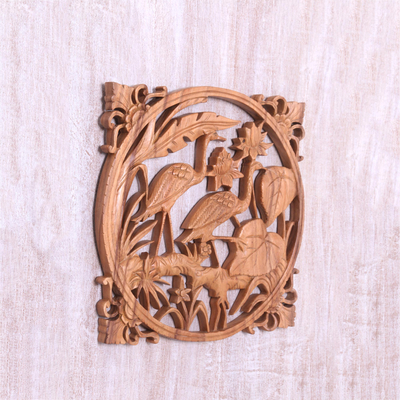 Panel en relieve de madera - Panel de relieve de tema de naturaleza balinesa de madera de suar adornado