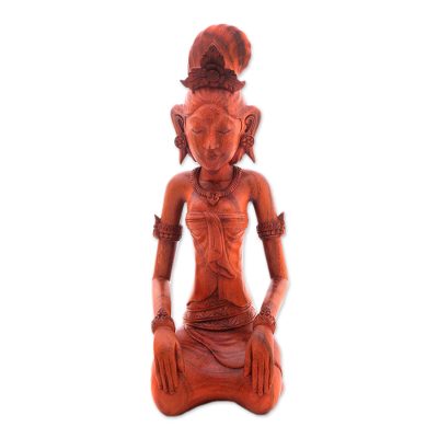 Wood sculpture, 'Red Balinese Bride' - Hand-Carved Red Suar Wood Bride Sculpture from Bali