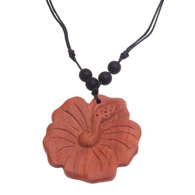 Wood pendant necklace, 'Light Brown Shoe Flower' - Light Brown Wood Hibiscus Flower Necklace from Bali