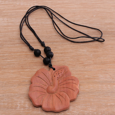 Wood pendant necklace, 'Light Brown Shoe Flower' - Light Brown Wood Hibiscus Flower Necklace from Bali