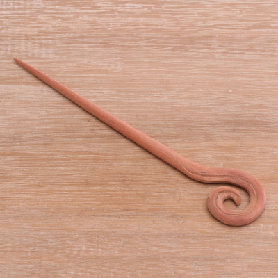 Wood hair pin, 'Light Brown Spiral' - Light Brown Sawo Wood Spiral Motif Hair Pin from Bali