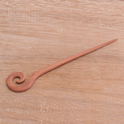 Wood hair pin, 'Light Brown Spiral' - Light Brown Sawo Wood Spiral Motif Hair Pin from Bali