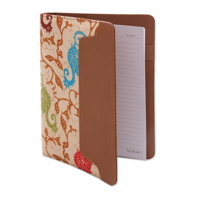 Batik cotton and faux leather planner, 'Reef-Side Writer' - Handmade Faux Leather Planner in Brown from Indonesia