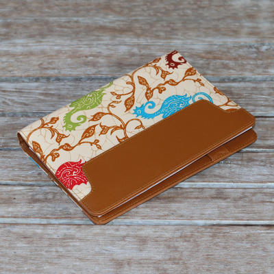 Batik cotton and faux leather planner, 'Reef-Side Writer' - Handmade Faux Leather Planner in Brown from Indonesia