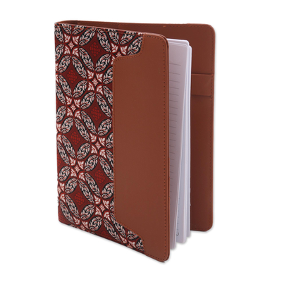 Batik cotton and faux leather planner, 'Orderly Garden' - Faux Leather and Cotton Diamond and Circle Motif Planner