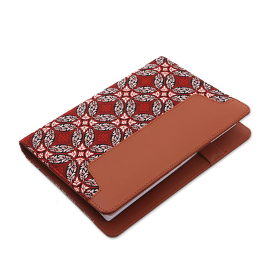 Batik cotton and faux leather planner, 'Orderly Garden' - Faux Leather and Cotton Diamond and Circle Motif Planner