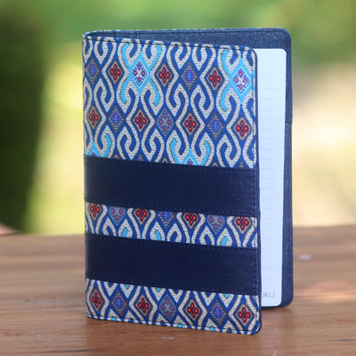 Batik cotton and faux leather planner, 'Jakarta Peacock' - Blue Faux Leather with Cotton Print Fifty-Page Planner