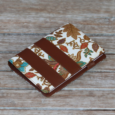 Batik cotton and faux leather planner, 'Noteworthy' - Brown Faux Leather and Cotton Leaf Print Fifty-Page Planner