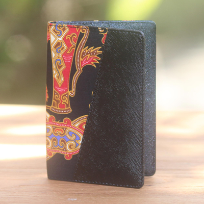 Batik cotton and faux leather passport holder, 'Chic Trek' - Black Faux Leather Passport Holder with Cotton Batik