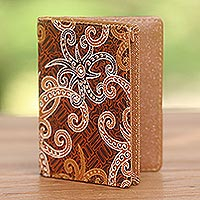Batik cotton and faux leather passport case, 'Brown Star' - Brown and Gold Faux Leather Batik Floral Passport Case