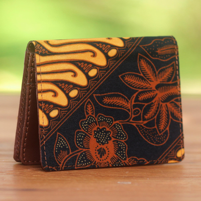 Cotton and faux leather passport case, 'Blooming Parang' - Handmade Brown and Orange Parang Faux Leather Passport Case