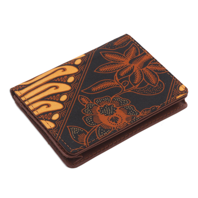 Cotton and faux leather passport case, 'Blooming Parang' - Handmade Brown and Orange Parang Faux Leather Passport Case