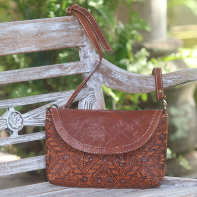 Leather sling, 'Lattice Garden' - Brown Leather Floral Hand Stamped and Painted Sling