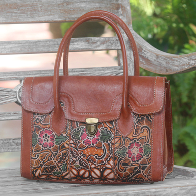 Leather handbag, 'Kawung Garden' - Brown Leather Floral Hand Stamped and Painted Handbag