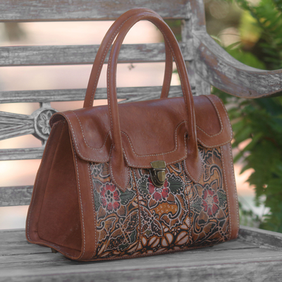 Leather handbag, 'Kawung Garden' - Brown Leather Floral Hand Stamped and Painted Handbag
