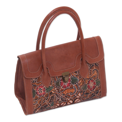 Lederhandtasche - Handgestempelte und bemalte Handtasche aus braunem Leder mit Blumenmuster