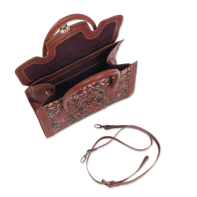 Lederhandtasche - Handgestempelte und bemalte Handtasche aus braunem Leder mit Blumenmuster