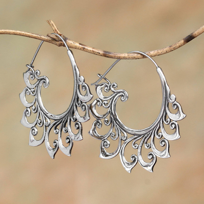 Sterling silver hoop earrings, 'Curling Tendrils' - Curling Sterling Silver Hoop Earrings from Bali