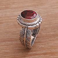 Garnet cocktail ring, 'Light Feather' - Garnet Feather Cocktail Ring from Indonesia