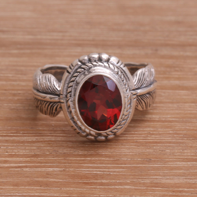 Garnet Feather Cocktail Ring from Indonesia - Light Feather | NOVICA