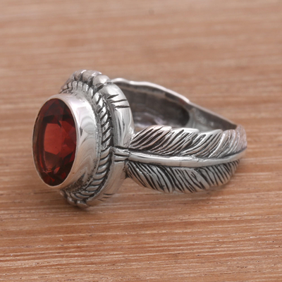 Garnet cocktail ring, 'Light Feather' - Garnet Feather Cocktail Ring from Indonesia