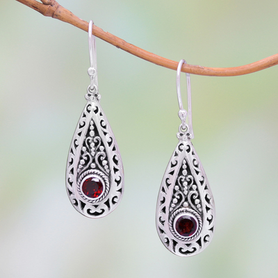 Garnet dangle earrings, 'Ornamental Fire' - Garnet and Sterling Silver Teardrop Dangle Earrings
