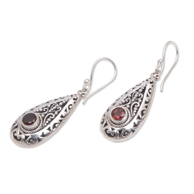 Garnet dangle earrings, 'Ornamental Fire' - Garnet and Sterling Silver Teardrop Dangle Earrings
