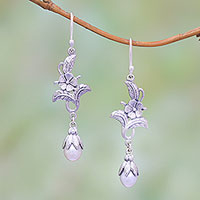Cultured pearl dangle earrings, 'Delicate Blooms' - Cultured Pearl and Sterling Silver Flower Dangle Earrings