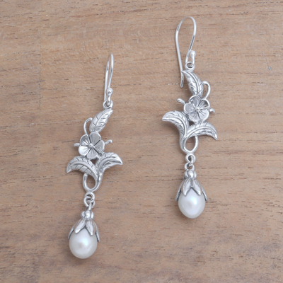 Cultured pearl dangle earrings, 'Delicate Blooms' - Cultured Pearl and Sterling Silver Flower Dangle Earrings