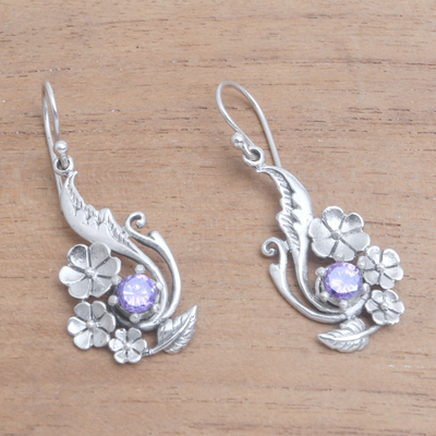 Pendientes colgantes de amatista - Aretes colgantes de flor de plumeria de plata esterlina y amatista
