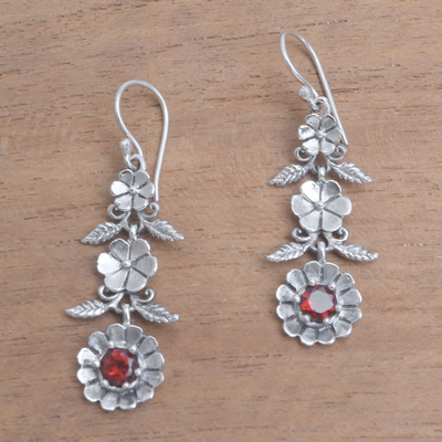 Garnet dangle earrings, 'Hibiscus Sunrise' - Garnet and Sterling Silver Flower Trio Dangle Earrings