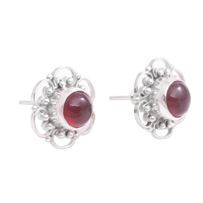 Carnelian button earrings, 'Red Jepun' - Floral Carnelian Button Earrings from Bali