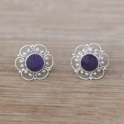 Amethyst button earrings, 'Purple Jepun' - Floral Amethyst Button Earrings from Bali