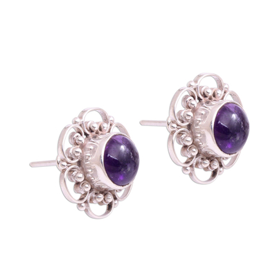 Amethyst button earrings, 'Purple Jepun' - Floral Amethyst Button Earrings from Bali