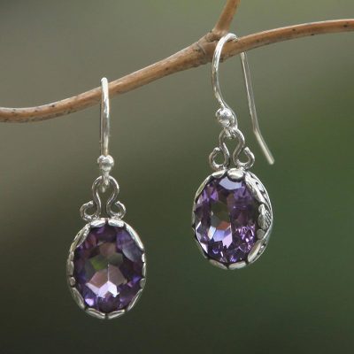 Amethyst dangle earrings, 'Lavender Pools' - Sterling Silver Faceted Oval Amethyst Dangle Earrings