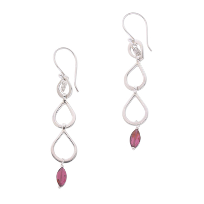 Garnet dangle earrings, 'Berkah Rain' - Sterling Silver Raindrop Faceted Red Garnet Dangle Earrings