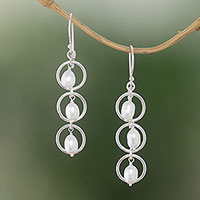 Cultured pearl dangle earrings, 'Bulan Hoops' - Sterling Silver Cultured Freshwater Pearl Dangle Earrings