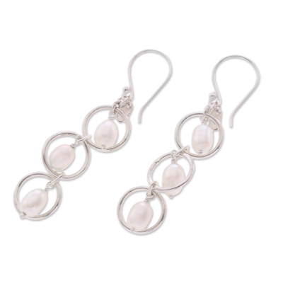 Cultured pearl dangle earrings, 'Bulan Hoops' - Sterling Silver Cultured Freshwater Pearl Dangle Earrings