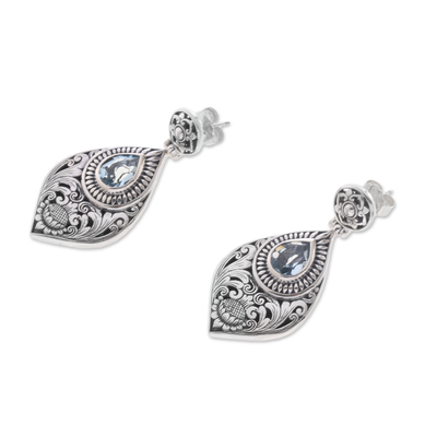 Blue topaz dangle earrings, 'Tari Lotus' - Floral Blue Topaz Dangle Earrings from Bali