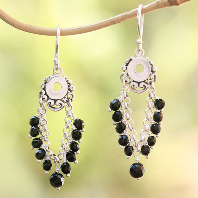 Onyx waterfall earrings, 'Night Dream' - Onyx Beaded Waterfall Earrings Crafted in Bali