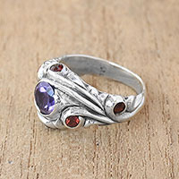 Amethyst and garnet cocktail ring, 'Forest Sprite' - Amethyst and Garnet Cocktail Ring Crafted in Bali