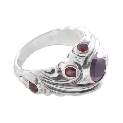 Amethyst and garnet cocktail ring, 'Forest Sprite' - Amethyst and Garnet Cocktail Ring Crafted in Bali