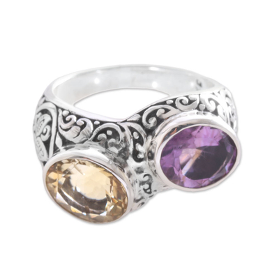 Amethyt and citrine cocktail ring, 'Sacred Wood' - Amethyst and Citrine Cocktail Ring Crafted in Bali
