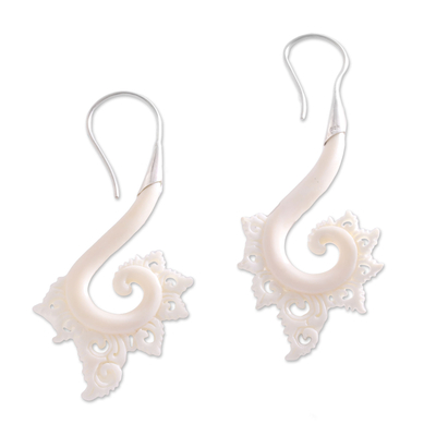 Bone drop earrings, 'Peaceful Spirals' - Spiral Motif Bone Drop Earrings Crafted in Bali