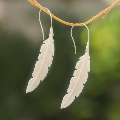 Bone drop earrings, 'Jalak Feather' - Feather-Shaped Bone Drop Earrings from Bali