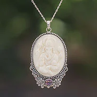 Amethyst and bone pendant necklace, 'Ganesha Blessing' - Amethyst and Bone Ganesha Necklace from Bali