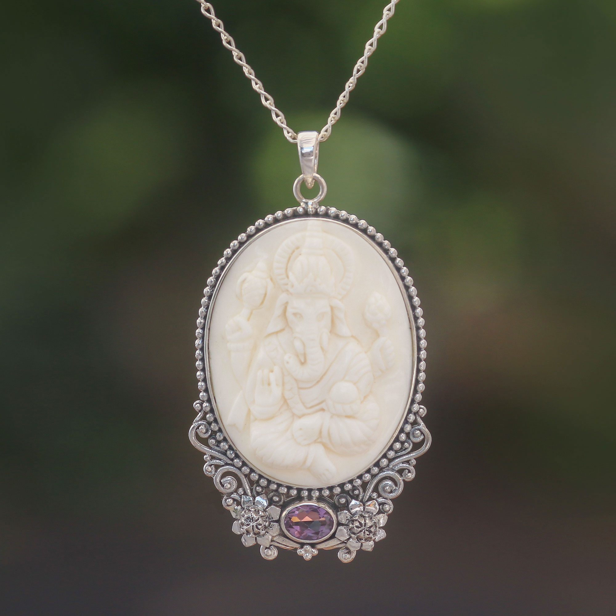Amethyst and Bone Sterling Silver Ganesha Necklace from Bali, "Ganesha Blessing"